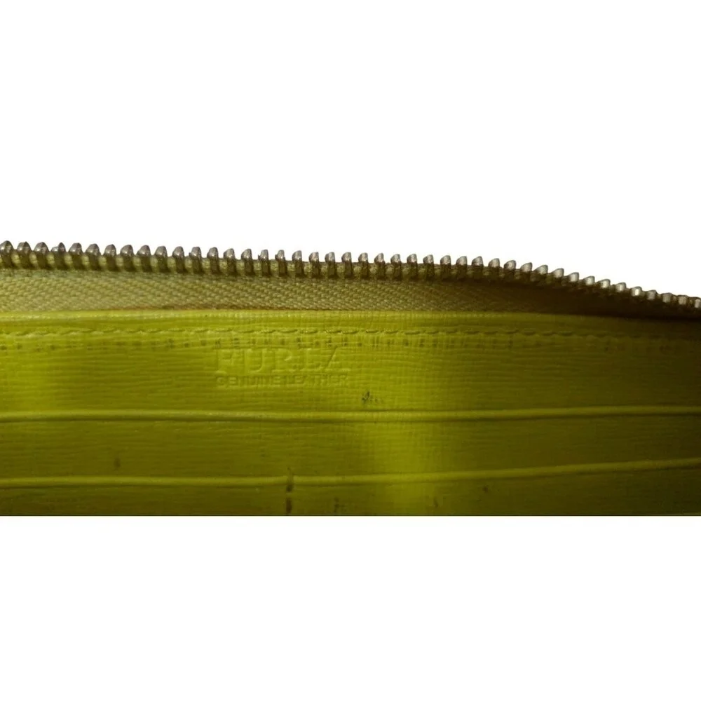 Authentic FURLA Round Zipper Long Wallet Wristie Neon Yellow Pebbled Leather